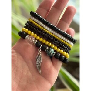 Boho‎ Beaded Stretch Bracelet Stack Set 6 Wing Charm Blue Stone Yellow Black A10